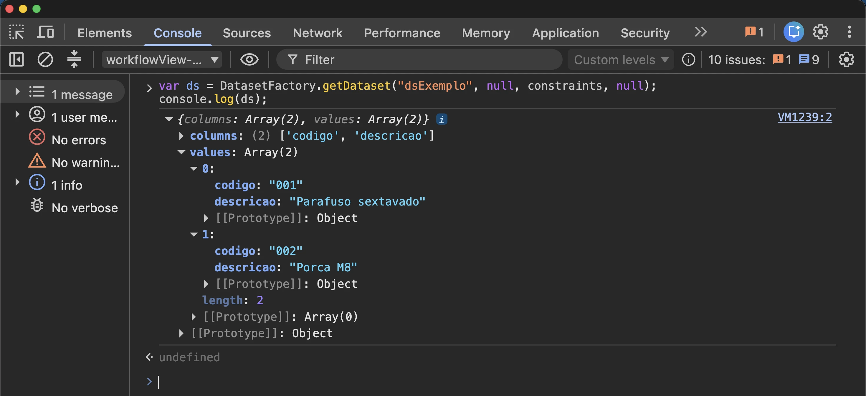 O retorno do getDataset no console do navegador: as colunas em columns e cada linha em values.