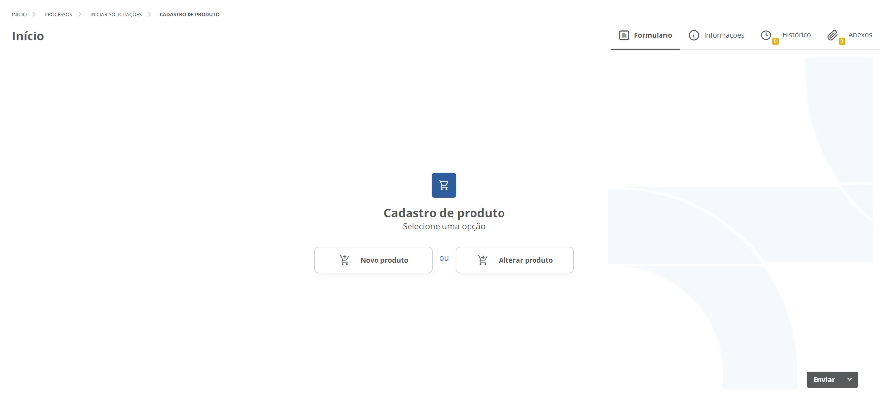 A primeira tela do processo: o solicitante escolhe entre cadastrar um produto novo ou alterar um que já existe no Protheus.